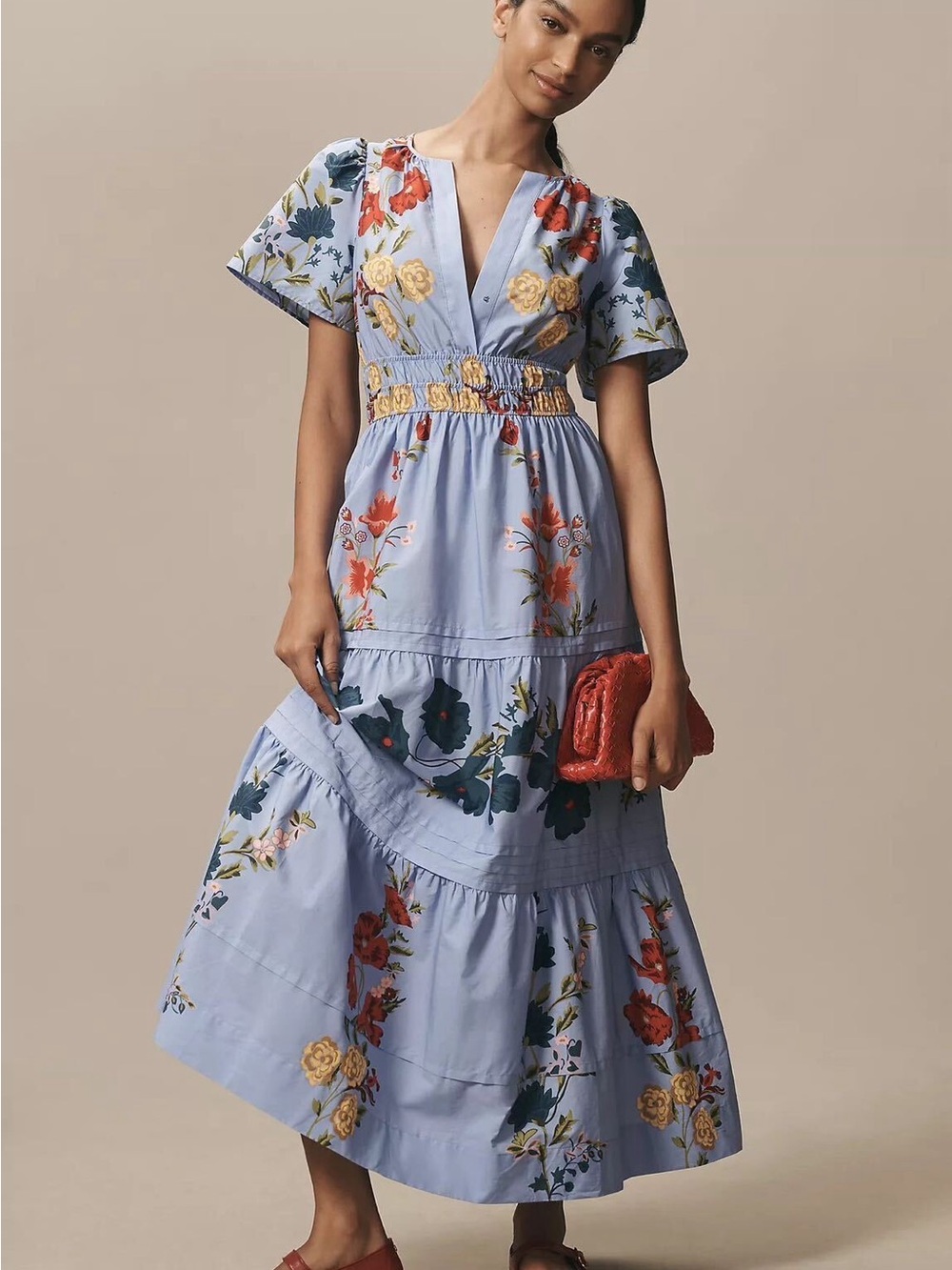 Anthropologie Somerset Floral Midi Dress in Light Blue